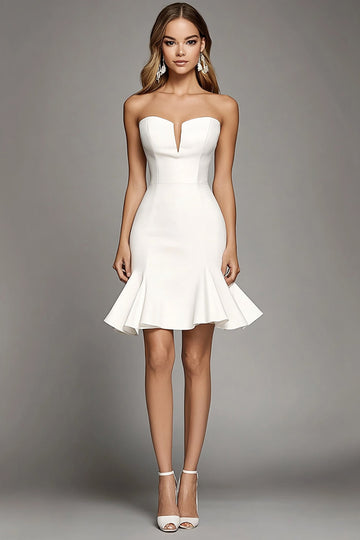 Strapless A Line Ivory Satin Bodycon Ruffled Short Work Dress